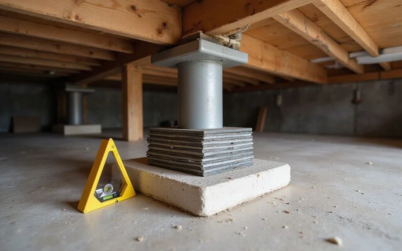 Adjustable support post seated under a wood floor beam in a crawlspace with shims on the pier cap