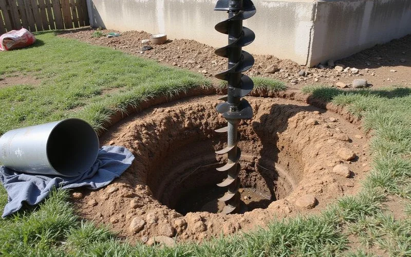 Auger-drilled pier hole beside a home foundation with a reinforcement cage waiting to be placed