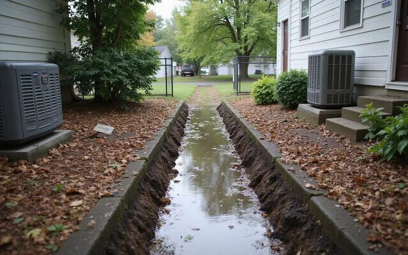 Blocked drainage swale between two suburban homes with standing water pooled after rain