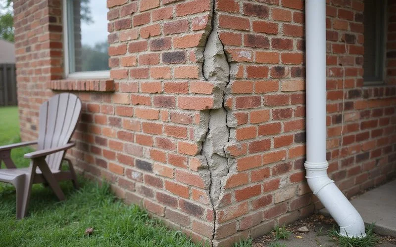 Brick wall corner showing cracking that widens toward the top of the wall
