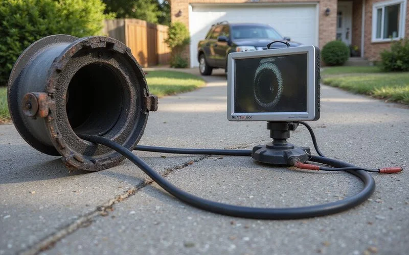 Camera inspection line being fed into a residential drain line at a cleanout