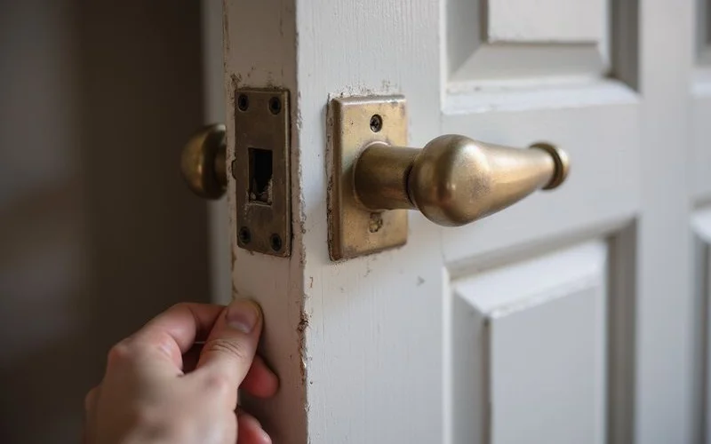 Close-up of a door latch misaligned with its strike plate, showing rub marks on the frame