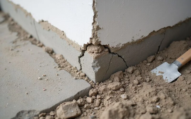 Close-up of a foundation edge showing localised cracking and spalling concrete
