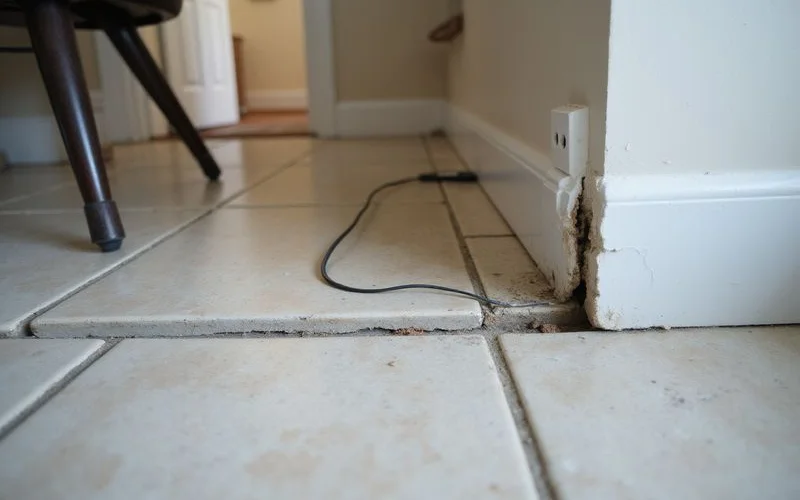 Close-up of a gap opening between a baseboard and a tiled floor