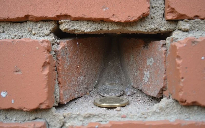 Close-up of separated mortar joints in brick veneer with a coin beside the opening for scale