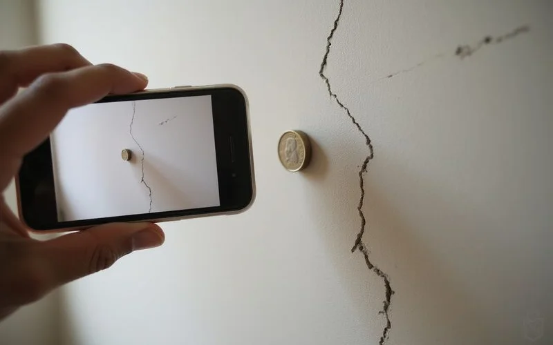 Coin held beside a hairline wall crack for scale while a phone camera frames the shot