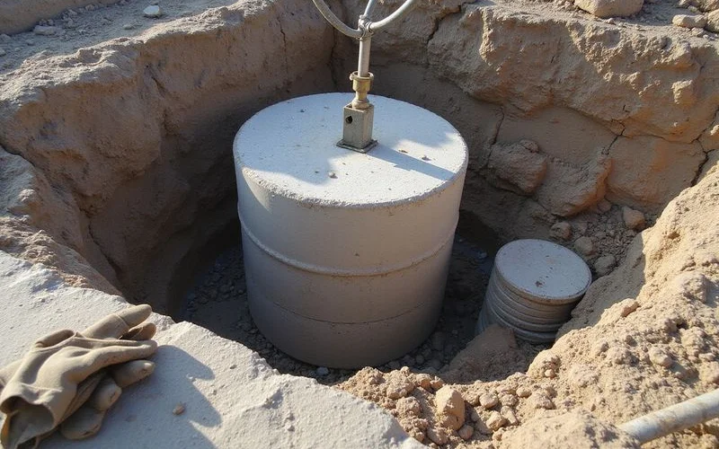 Concrete cylinder being pressed into the ground segment by segment in an excavated pit