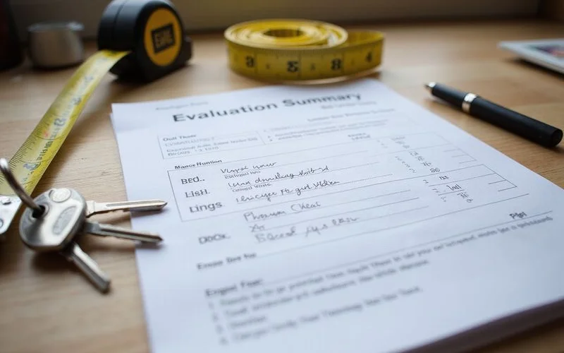 Contractor written evaluation summary with elevation readings laid beside a tape measure