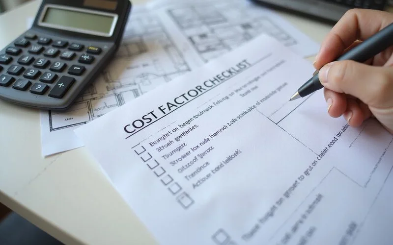 Cost factor checklist on paper beside a house floor plan and a pen