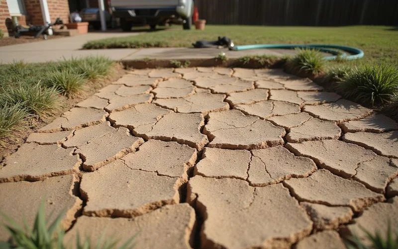Cracked dry clay soil pulled away from a home perimeter during a Central Texas drought