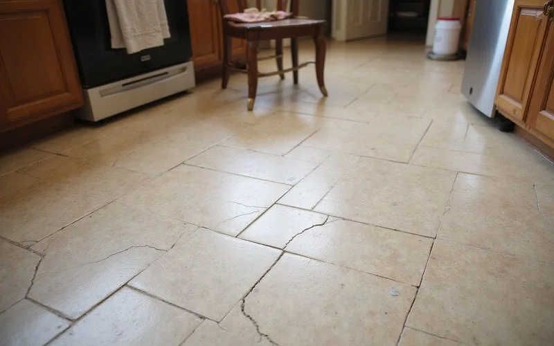 Cracked floor tiles running in a line across a kitchen floor with grout separation