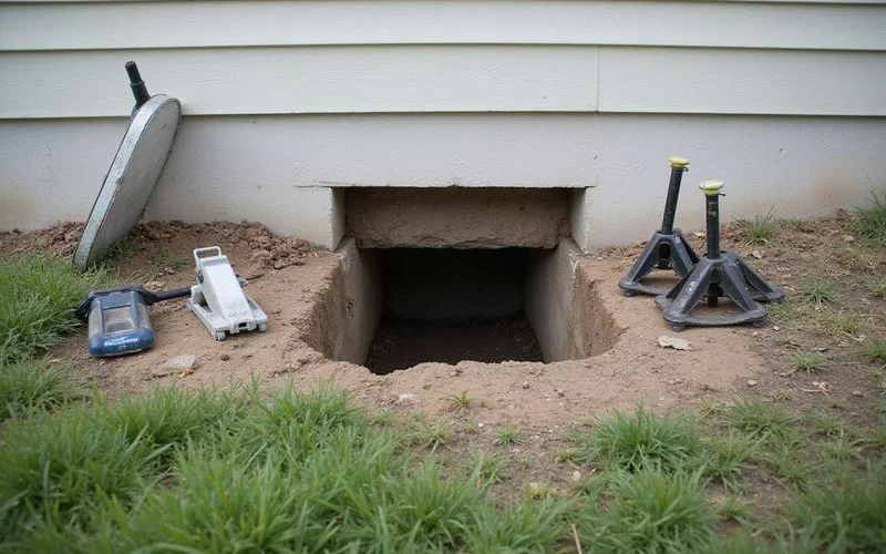 Crawlspace access point under a home with equipment staged outside ready for leveling work