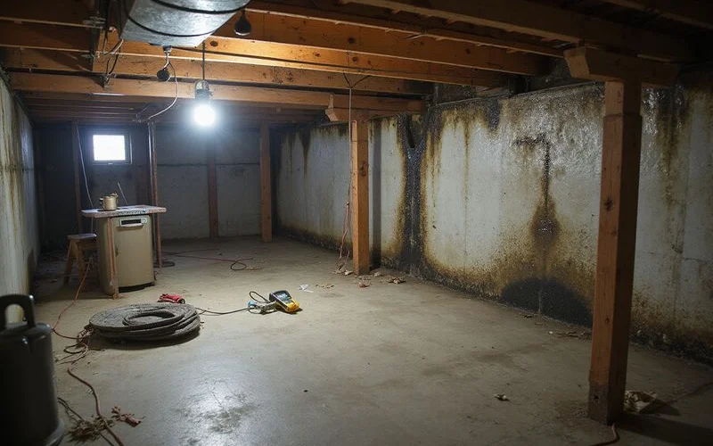 Damp crawlspace with visible moisture on wood framing and dark staining on a girder