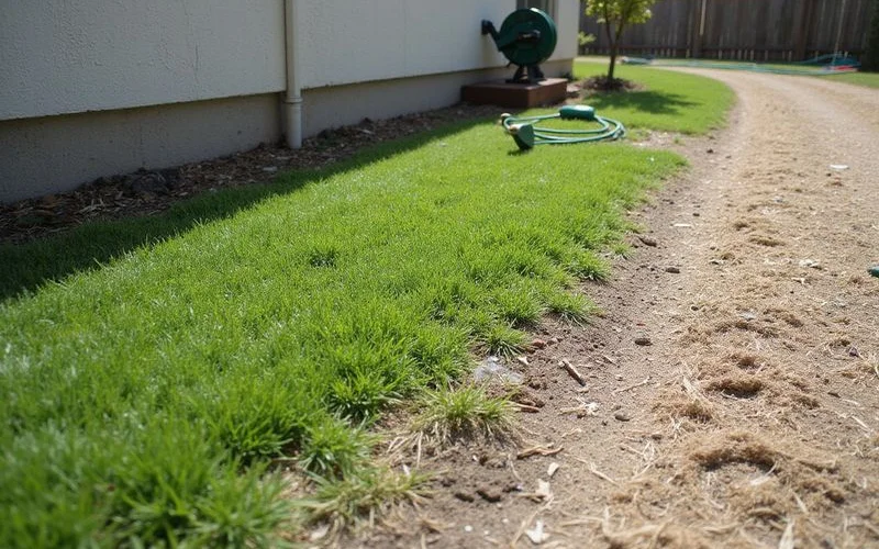Damp patch of lawn staying green beside a dry yard, indicating possible water beneath the surface