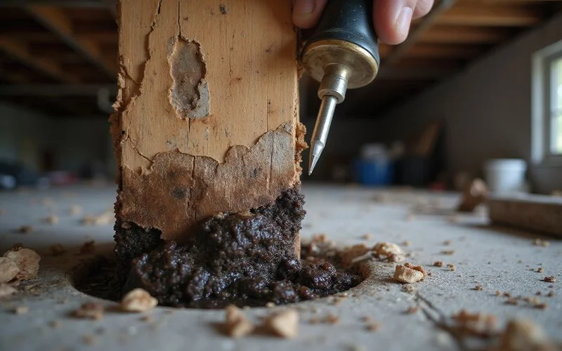 Deteriorated wood girder showing fungal decay and a soft fibrous surface in a damp crawlspace