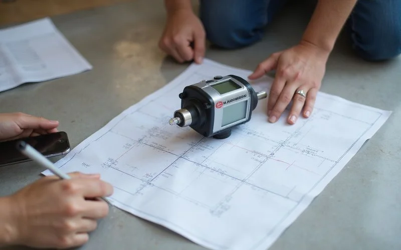 Digital manometer sensor placed on a floor while relative elevation readings are recorded