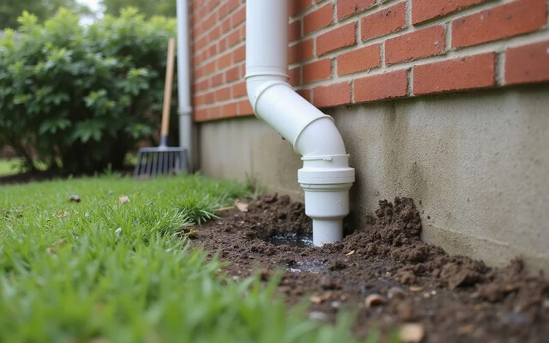 Downspout extension directing roof water away from a brick home foundation