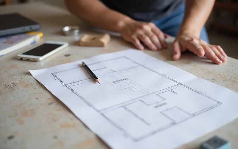 Elevation readings being recorded on a floor plan sketch before and after a leveling adjustment