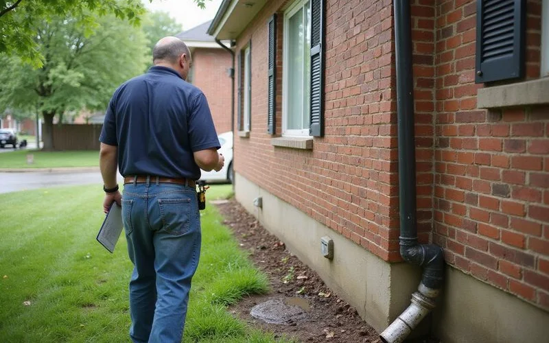Evaluator walking the perimeter of a brick home checking grading and a downspout