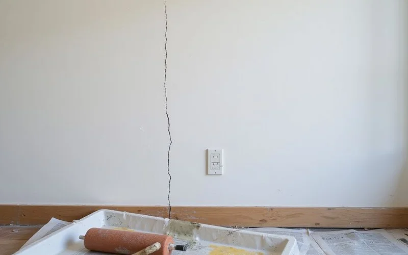 Fine straight hairline crack along a drywall seam in a plain interior room