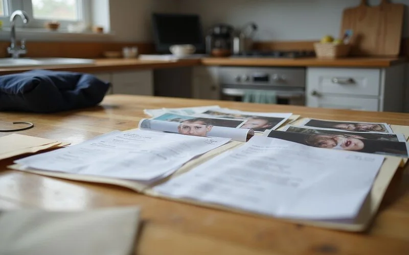 Folder of home records, receipts and printed photographs spread across a kitchen table