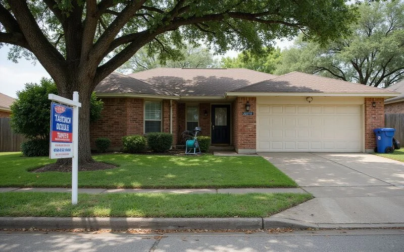 For-sale sign in front of a single-storey Central Texas brick home