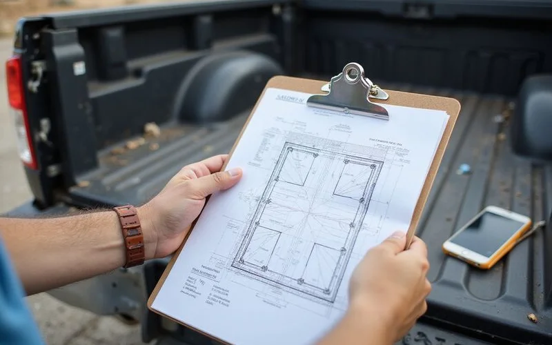 Foundation plan on a clipboard annotated with support locations, depths and access notes