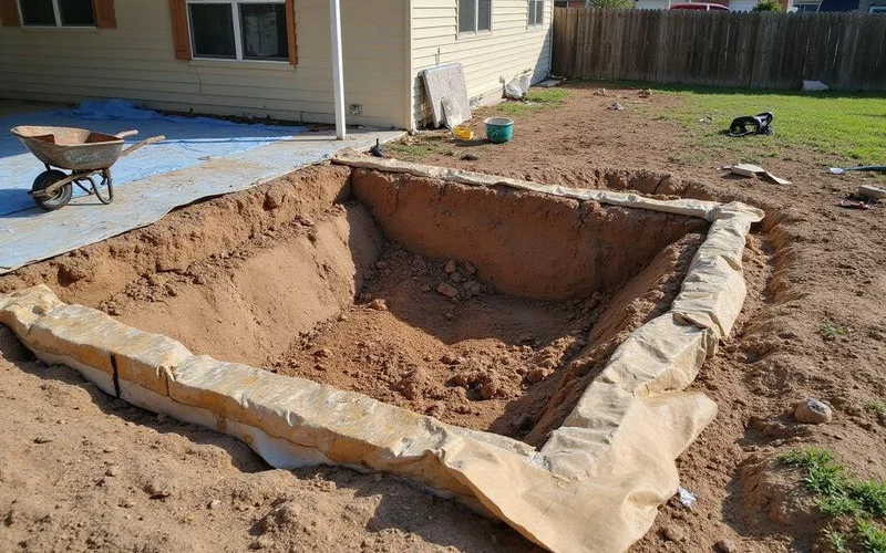 Foundation work in progress beside a Central Texas home with an excavated access pit and barriers