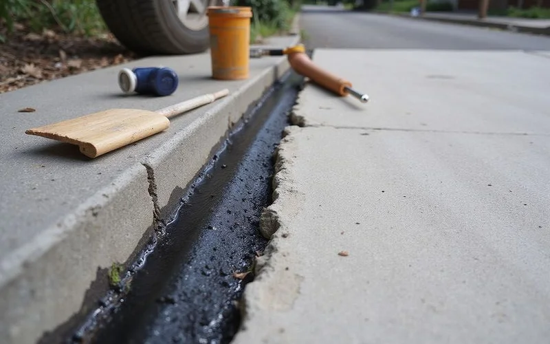 Freshly sealed expansion joint running across a repaired concrete driveway surface