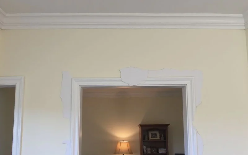 Gap opening where a ceiling meets an interior wall with crown moulding separating