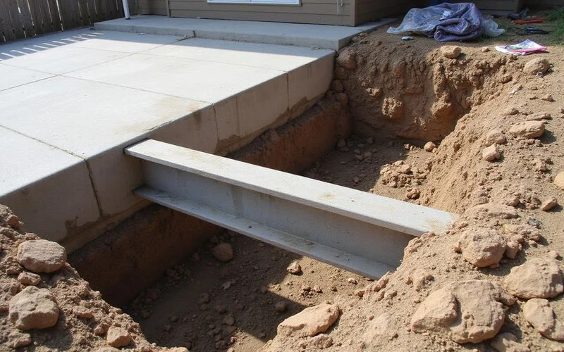 Grade beam and footing detail visible in an open excavation beside a residential slab