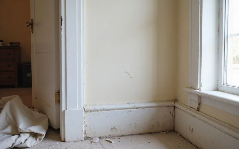 Hairline plaster crack above a doorway in an older home after a leveling adjustment