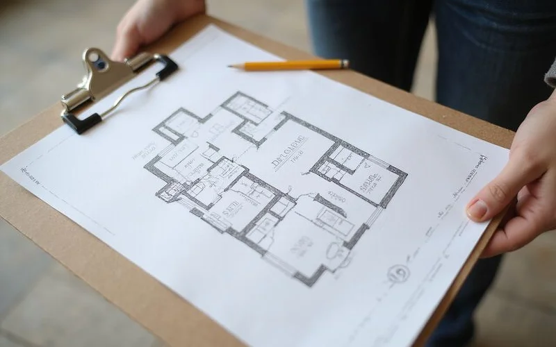 Hand-drawn floor plan on a clipboard with relative elevation readings written at each measurement point