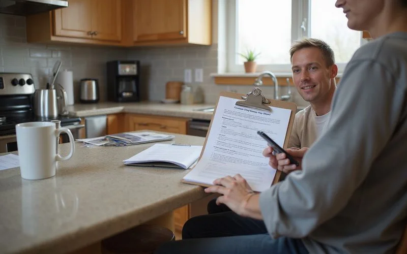 Homeowner comparing printed repair documents on a clipboard at a kitchen counter