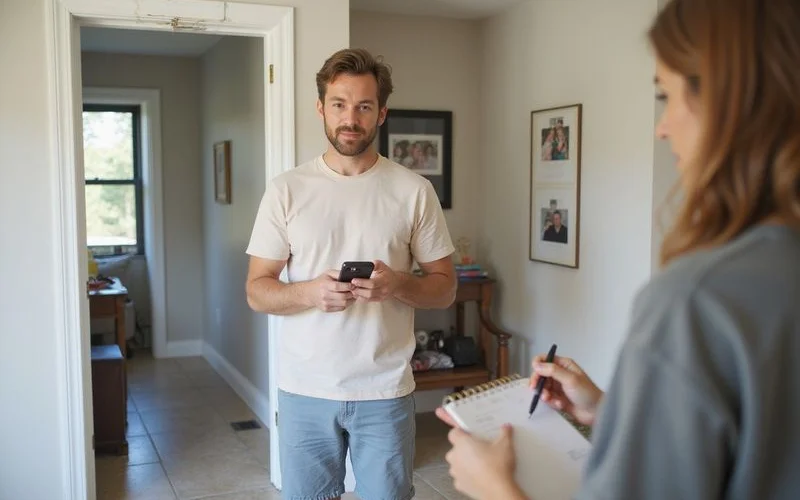 Homeowner photographing a hairline crack above a doorway while making dated notes