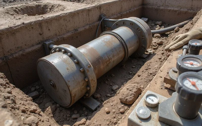 Hydraulic ram driving a steel pier section into the ground beside a grade beam