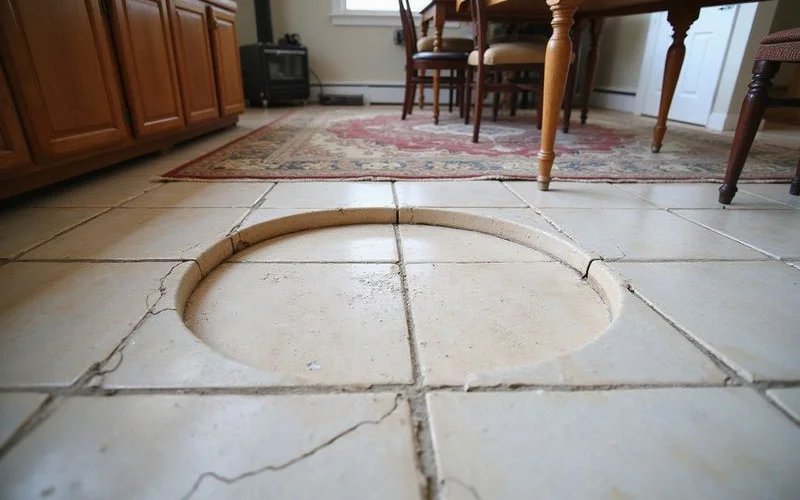 Interior floor bulging slightly upward near the centre of a slab with cracked tile grout