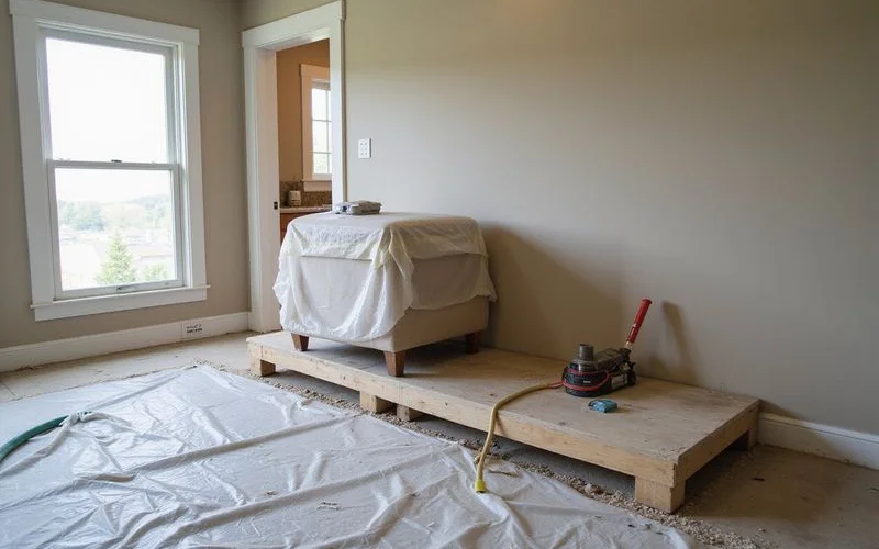 Interior room with flooring lifted and plastic sheeting protecting furniture during foundation work