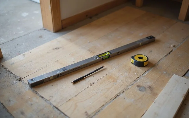 Long spirit level resting on an uneven floor showing a clear tilt with a gap beneath one end