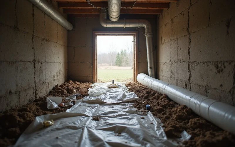 Low clearance crawlspace entry with ductwork overhead and limited working space