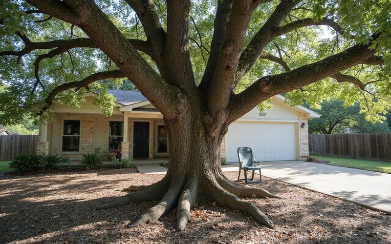 Mature live oak growing close to a Central Texas home with surface roots near the foundation