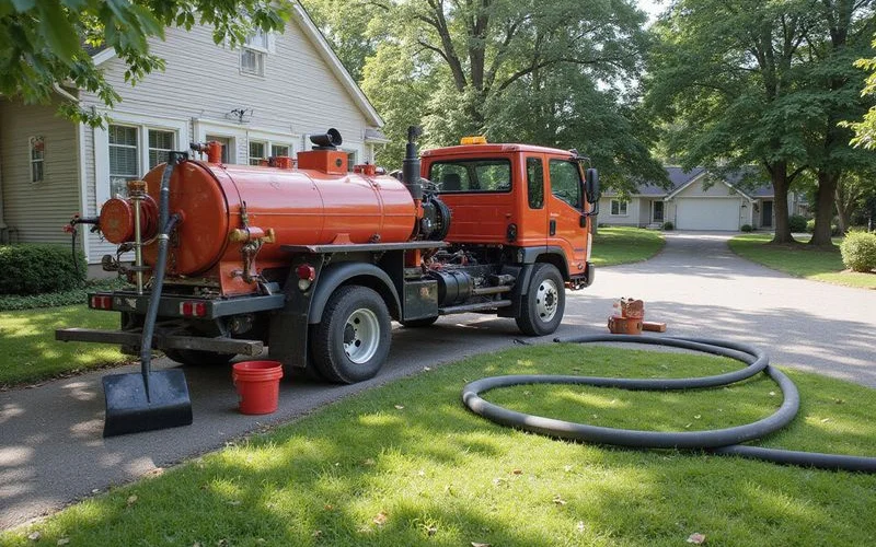 Mudjacking slurry pump and large diameter hose set up beside a residential driveway