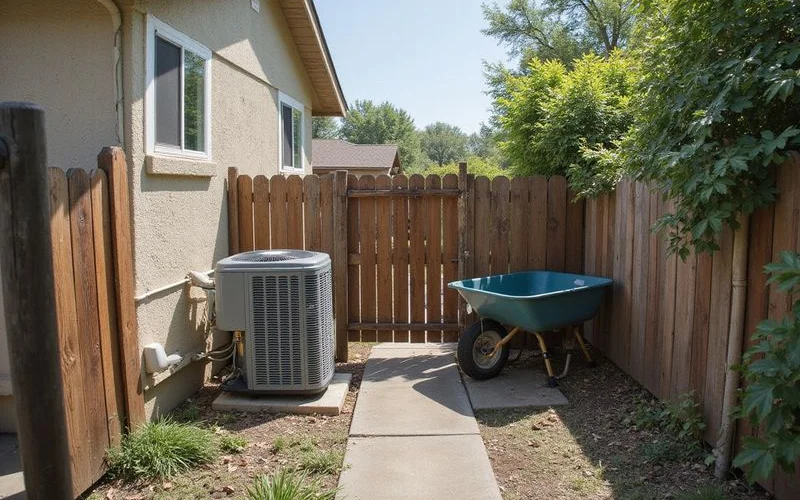 Narrow gated side access beside a home limiting equipment reach to a rear patio