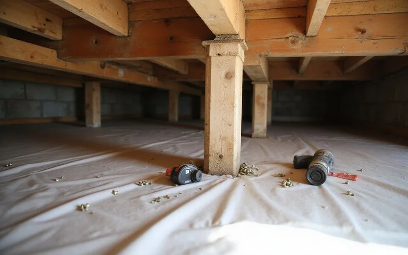 New sistered joist fastened alongside an older deflected joist beneath a subfloor
