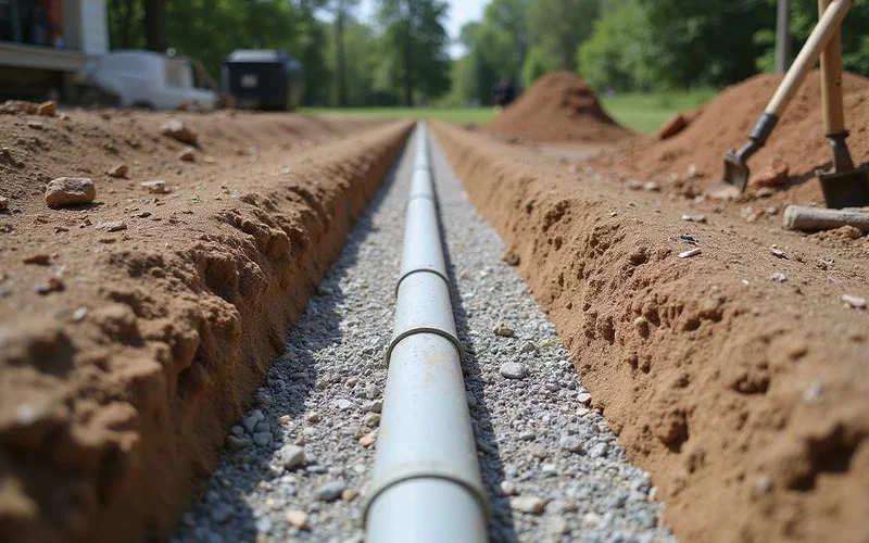 Open gravel-filled French drain trench running along the edge of a residential property