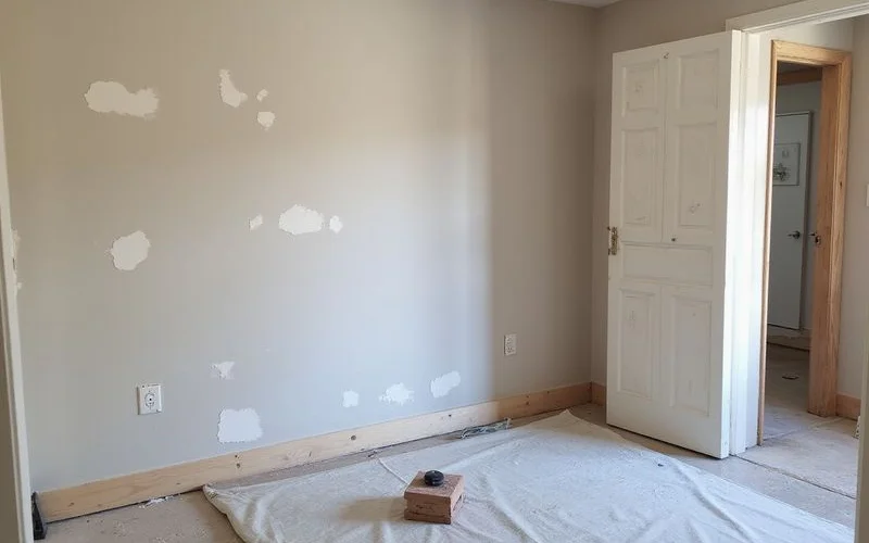 Patched and sanded drywall beside a doorway after cosmetic repair following leveling