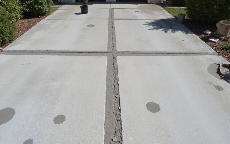 Patched injection holes across a levelled concrete driveway with a sealed expansion joint