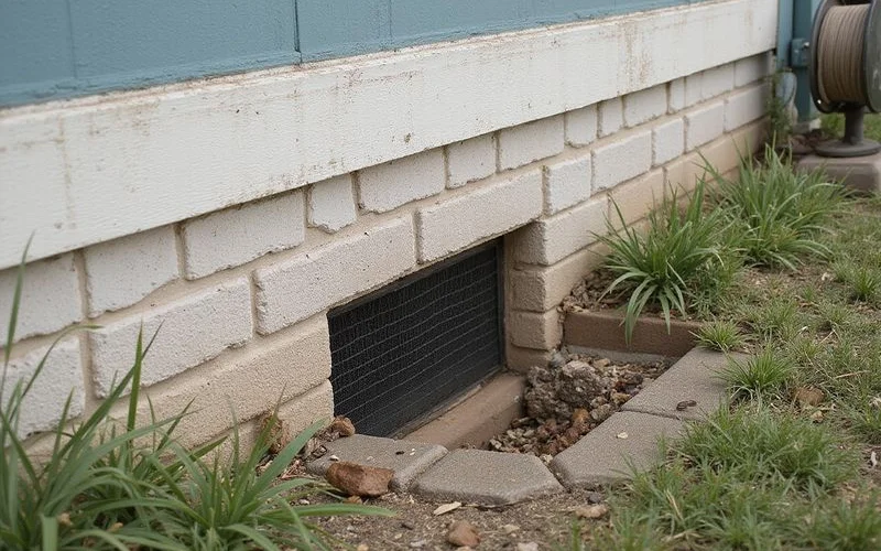 Perimeter stem wall and crawlspace vent of an older Central Texas bungalow seen from outside