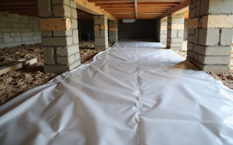 Reinforced polyethylene vapour barrier laid over crawlspace soil with overlapped seams