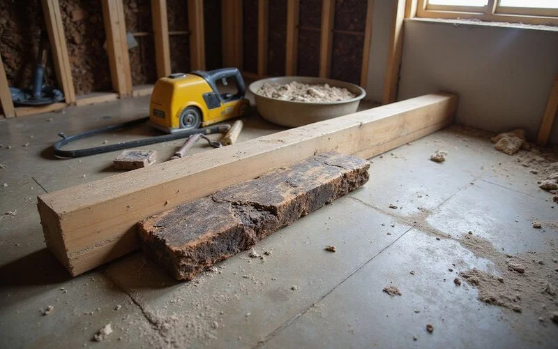 Replaced section of wood girder beside the old decayed timber it replaced